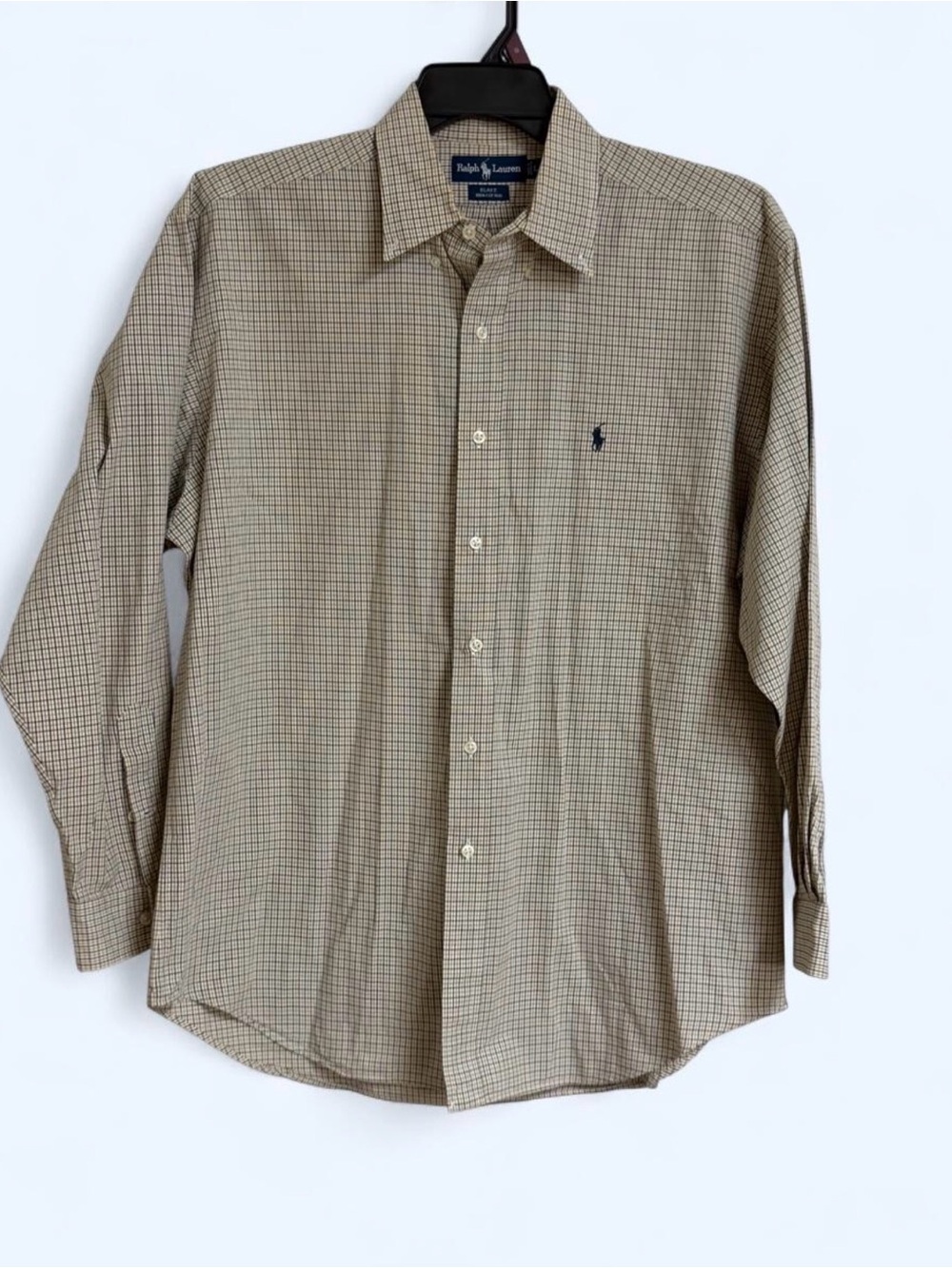 Ralph Lauren Men's Tan and Navy Micro-Check Dress Shirt